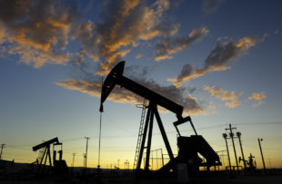 Cymric Oil Field pumpjacks against a sunset sky.